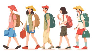 Yürüyen beş yetişkin, sırt çantaları diğer şapkalar, neşeli yüzler, soyutlanmış beyaz arka plan. Etnik çeşitlilik, günlük kıyafetler, modern, seyahat, yürüyüş ekipmanları, sosyal, kültürel karışım açık hava