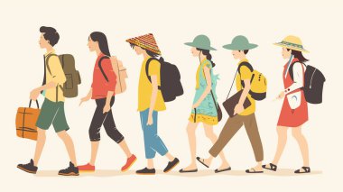 1. Group hiking backpacks, mixedage, mixedgender, casual clothing, outdoor adventure scene, diversity attire. 2. Tourists exploring safely, sun hats, sustainable travel diverse team comfortable clipart