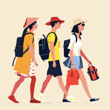 Gezginler, sırt çantaları, şapkalar, yaz kıyafetleri, yürüyüş. Kadın erkek, gündelik kıyafetler, güneş şapkaları, güneş gözlükleri, etekler, şortlar sarı kırmızı mavi renk çizimler açık arkaplan