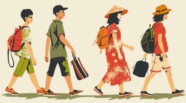 Dört gezgin yan yana yürüyor, eşsiz moda tarzı, çantalar taşıyor, macera dolu bir yolculuk yapıyor. Asyalı turistler, iki erkek iki kadın, bir konik şapka, canlı kıyafetler, hazır.