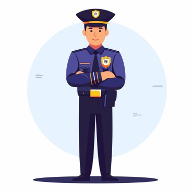 Erkek polis memuru kendinden emin duruyor, kolları bağlı, üniforma, rozet, şapka takıyor. Çizgi film illüstrasyon kanun uygulayıcı figürü, profesyonel dostça tavır sergiliyor. Gülümsüyor