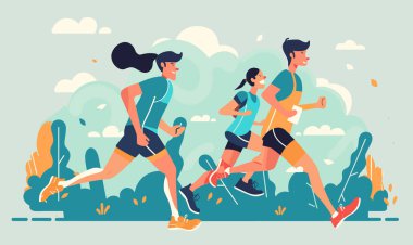 Üç kişi dışarıda koşuyor, koşucular hareket ediyor, sağlıklı yaşam tarzı kavramı. Atletik kadın erkek koşuyor, aktif spor yapıyor, dışarıda egzersiz yapıyor. Düz tasarım, dinamik kompozisyon, mavi turuncu tonlar