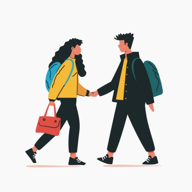 İki genç tokalaşmayı selamlıyor, ikisi de gündelik kıyafetler giyiyor. Genç erkek, modern, düz grafik tarzı, izole beyaz arka planı vardı. Erkek kız arkadaş etkileşimi sergiliyor