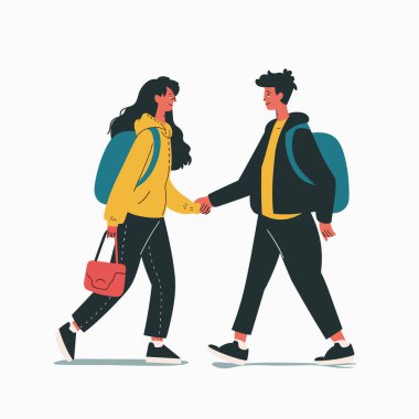 Young male female illustrated walking side side holding hands. Characters wear casual clothing, backpacks, happy expression, graphic style. Isolated white background conveys simplicity clipart