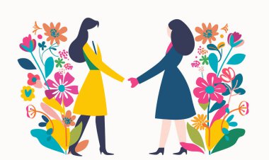 Canlı çiçeklerin arasında el ele tutuşan iki kadın, bir sarı elbise, donanma. Farklı dişilerin el sıkışması, parlak çiçekler arkadaşlığı, ortaklığı simgeliyor. Renkli botanik