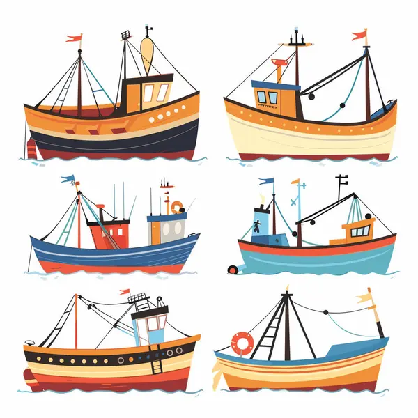 stock vector Colorful cartoon fishing boats sailing waves isolated white background. Six distinct fishing vessels various colors, sizes, designs. Detailed ships vibrant hues, flags, storage areas