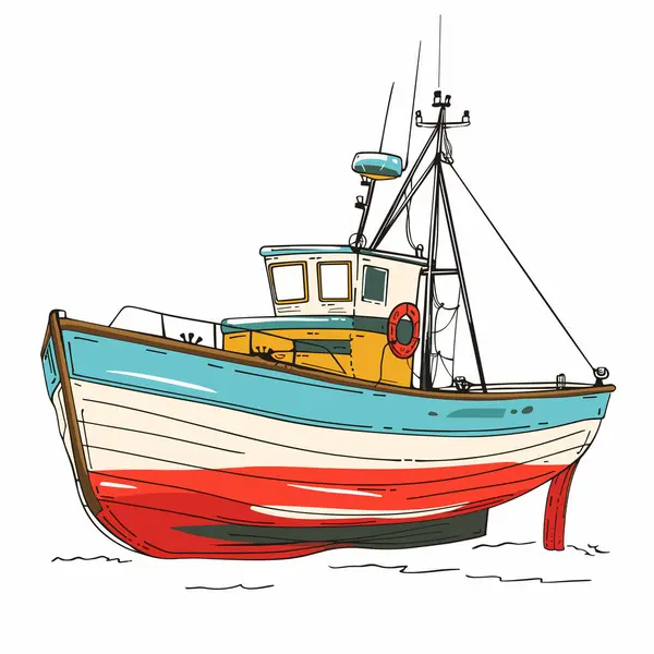 Küçük renkli bir balıkçı teknesi, sakin bir denize yelken açıyor. Kırmızı, mavi, sarı tekne uygun sahil sanatını kullanır. Tuhaf deniz tasarımı deniz kenarı cazibesini çağrıştırıyor.