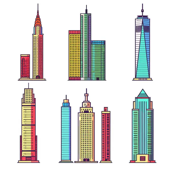 Renkli gökdelenler Metropolitan mimarisini yansıtan grafikler. Canlı, yüksek binalar çeşitli tasarımlar izole edilmiş beyaz arka plan. Kentsel gelişimi gözler önüne seren modern şehir kulesi çizimleri