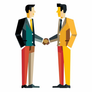 İki işadamı el sıkışıyor, anlaşma yapıyor. Çizgi filmciler iş anlaşmasını selamlar. Düz tasarım karakterleri, iş arkadaşları el sıkışması, ortaklık kavramı