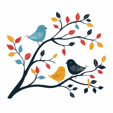Üç renkli kuş, sonbahar yapraklarını süsleyen dallara tünemiş. Zarif basit şekiller kalın renkler modern grafik tarzı yaratır. Kuşlar kontrastı düz arkaplanda keskin bir şekilde bırakır