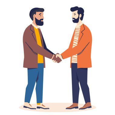 İki adam el sıkışır, selamlaşır, iş anlaşması yapar, profesyonel giyinir, dostça iletişim kurar. Yetişkin erkek karakterler el sıkışma, olumlu jest, işbirliği, ortaklık. Sıradan sakal.
