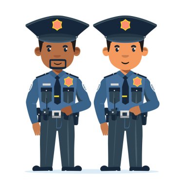 İki polis memuru güvenle ayakta duruyor, biri Afrikalı, diğeri beyaz. Her iki erkek polis de mavi üniforma giyiyor, rozetleri, görev kemerleri, ciddi ifadeleri var. İllüstrasyon iletileri