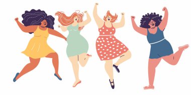Dört farklı kadın kutlama yapıyor, neşeyle dans ediyor, canlı elbiseler giyiyor, saç stili yapıyor. Mutlu kadın grubu, vücut pozitifliği, neşeli parti sahnesi, farklı vücut tipleri. İllüstrasyon kadınları, eğlenceli toplanma