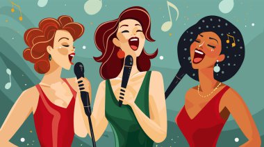 Üç kadın mikrofonlara neşeli bir şekilde şarkı söylüyor, canlı renkler, müzikal notalar. Zarif elbiseler giyen, büyük küpeler takan, mutluluğu ifade eden, retro caz tarzı kadınlar. Kadın vokalistler
