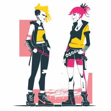 İki punk rock kızı ayakta, şık giyinmiş, gergin. Serseri saç stilleri, sarı pembe röfleler, grafik kıyafetler, botlar, moda pozu. Gençlik alt kültürü, rock 'çılar başka, beyaz