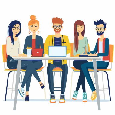 Genç profesyonel takım toplantısı, iş bilgisayarı tabletleri tartışması. Yaratıcı ofis çalışanları beyin fırtınası, işbirliği modern tarz. Günlük kıyafet teknolojisi uzmanı grup, iş yeri takım çalışması.