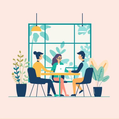 Üç genç profesyonel masa, ofis ortamı ve modern çalışma alanı ortamında buluşuyor. Takım çalışması, iş görüşmesi, farklı meslekdaşların birlikte çalışması. Sıradan bir iş.