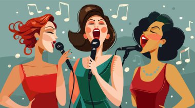 Üç kadın şarkıcı caz müzik yapıyor, enerjik sahne müzikali notaları çalıyor. Çeşitli kadın grupları neşe içinde şarkı söylüyor, zarif elbiseler, retro tarzı, dinamik konser illüstrasyonu