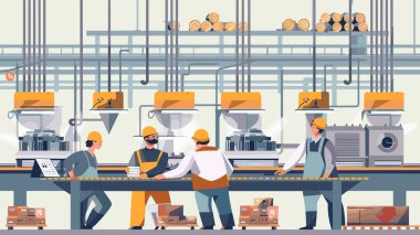 İşçiler makine endüstrisi fabrikası kuruyorlar. Güvenlik kaskı giyen adamlar çelik yelek giyiyorlar. Üretim işlemi başlatıldı. Otomatik montaj hattı robotik kollar, makineler, taşıyıcı bant