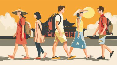 Dört farklı genç yetişkin yürüyor, iki erkek iki kadın, günlük yaz kıyafetleri, şapkalar, sırt çantaları, şehir keşfi. Grup arkadaşları şehir turunun keyfini çıkarıyorlar güneşli bir gün, Asya mimarisi silueti