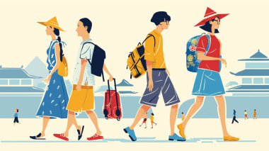 Dört turist yan yana yürüyor, Asya mimarisi geçmişi var, hava açık, turistler çantaları tutuyor, güneş gözlüğü takıyor, günlük yaz kıyafetleri giyiyor. Yan profil görünümü, renkli illüstrasyon, Asya