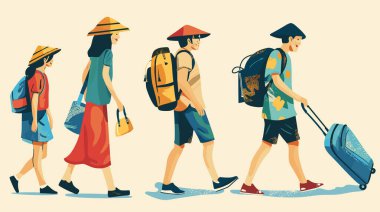 Aile seyahati, yürüyüş hattı, Asya konik şapkaları, bavullar, yaz kıyafetleri. Asyalı turistlerin yolculuğu, sıralı yürüyüş düzeni, renkli sırt çantaları, tatil kıyafetleri. Grup gezginleri yan görünümü