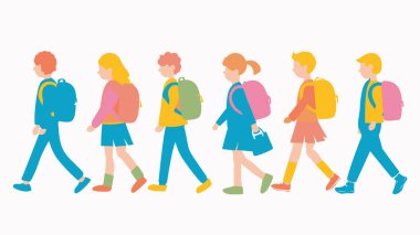 Sırt çantası taşıyan altı çocuk. Renkli basit vektör illüstrasyonlu çocuklar okula gidiyor. Profil görünümlü çeşitli grup kızları