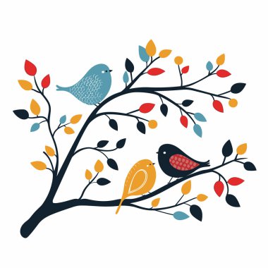 Üç renkli kuş sonbahar dallarına tünemiş renk değiştiren yapraklar. Kuşlar barışçıl sahne doğa illüstrasyonu, dinlenen kuş karakterleri. Dekoratif kuş yaban hayatı sanatı, mevsimlik yaprak tasarımı