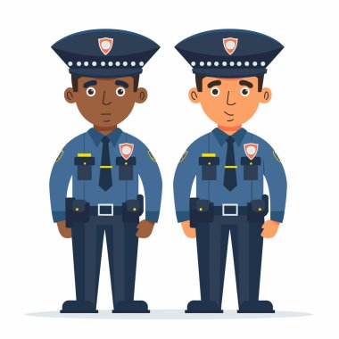 İki çizgi film polisi yan tarafta, bir Afro-Amerikan, bir Kafkasyalı, üniformalı, görev kemeri takıyor. Her iki polis memuru da dost canlısı tavırlar sergiliyor. Subaylar...
