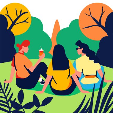 İki kadın parkı gevşetiyor, biri içecek tutuyor, doğanın tadını çıkarıyor, günlük giysiler giyiyor, çimenlerde oturuyor. Dışarıda toplanan arkadaşlar, renkli resimler, ağaçlar, boş zaman aktiviteleri, güneşli bir gün. Genç bayan.