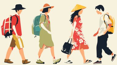 Dört kişi yan yana yürüyor, değişik moda tarzları, günlük kıyafetler, seyahat havası. Erkek figürü sol kırmızı sırt çantası, geniş kenarlı şapka, kadın Asyalı esinlenilmiş sarı şapka, çiçekli elbise. Sanatsal trend