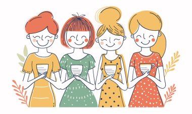 Dört kadın bir arada, gülümsüyor, gözleri kapalı, bardakları tutuyor, günlük giysiler, mutlu arkadaşlar, kahve zamanı. Kadın karakterler, moda saç stilleri, renkli kıyafetler, grup arkadaşları.