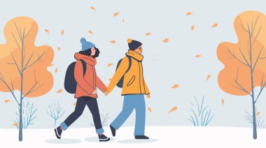 Sonbahar parkında el ele yürüyen bir çift. Genç yetişkinler sıcak sonbahar kıyafetleri giyip dışarıda geziniyorlar. Ağaçlar yapraklarını döküyor. Sonbahar mevsiminde iki insan aynı anı paylaşıyor.