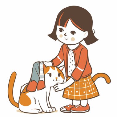 Genç kız turuncu hırka giymiş ekose etek giyip kedi kafasının üzerine şakacı bir şekilde kazak giyiyor. Kız şefkatle gülümserken kedi meraklı görünür. Çizgi film tarzı, minimalist sanat sıcak pastel renkler