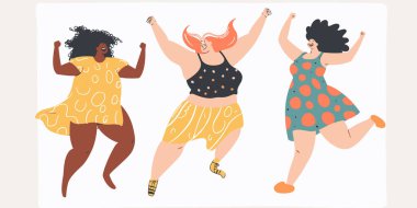 1 farklı kadın dans ediyor, vücut pozitifliğini kutluyor, birlik, neşe, çeşitli ten renkleri, renkli kıyafetler, canlı bir illüstrasyon, izole edilmiş beyaz bir zemin. İki, üç mutlu artı boy kadın, neşeli.