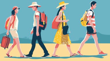 Yazlık kıyafetleri dışarıda gezdiren dört kişi. Parlak renkler iki kadına hükmediyor. İki erkeğin güneş gözlüğü sırt çantaları. Aile seyahati valiz yaz macerası