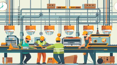 Sert başlık takan işçiler, güvenlik yelekleri, maskeler ürün montajlama makineleri endüstriyel ortam. Mühendis teknisyenleri ağır makine fabrikası aydınlatma ekipmanları paketleri. Takım üretimi