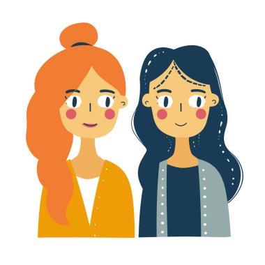 İki genç kadın gülümsüyor, bir uzun turuncu saçlı sarı kazak, koyu mavi saçlı gri hırka giyen, parlak pembe yanaklı, izole beyaz arkaplan, minimal çizgi film tarzı. Arkadaşlık, gündelik.