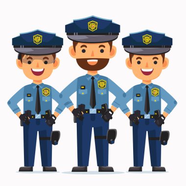Üç polis memuru bir arada duruyor. Gülümseyen üç farklı erkek polis memuru. Dost canlısı çizgi film karakteri üniforması.