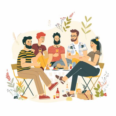 group five diverse friends, three men, two women, likely their twenties, enjoying relaxed meal drinks together sitting around table outdoors, appear be engaged conversation, smiling, wearing casual clipart