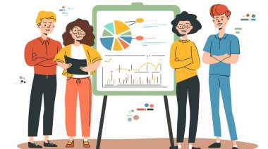 Veri analizi sunan dördüncü grup genç profesyonelleri meslektaşlarının resimli çizelgesini inceliyor. Stratejileri açıklayan çeşitli iş arkadaşları işbirlikçi çevre ofisleriyle görüşüyor. Gülümsüyor