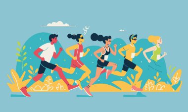 Grup beş sporcusu açık havada maraton koşuyor. Çeşitli koşucular güneşli bir günde etkinliğe katılacaklar. Enerjik koşu yarışması doğa geçmişi. Çeşitli etnik kökenlere sahip kadın spor kıyafetleri.