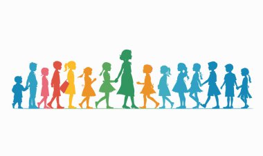 Sahne Çocukları yürüyor, el ele tutuşuyor, tek sıra halinde onlara rehberlik eden yetişkin kadınların arkasında. Çocukların kıyafetleri, şortları, gömlekleri farklıdır. Siluetler renkli gökkuşağı paleti