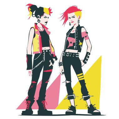 İki genç punk kadın, gergin kıyafetler, renkli saçlar, kendine güvenen tavırları, rockçı kişilikleri, duruşu, hareketli soyut bir geçmişi var. 20 'li yaşlarda kadın serseriler, siyah kolsuz tişörtler, yırtık kotlar, çivili aksesuarlar.
