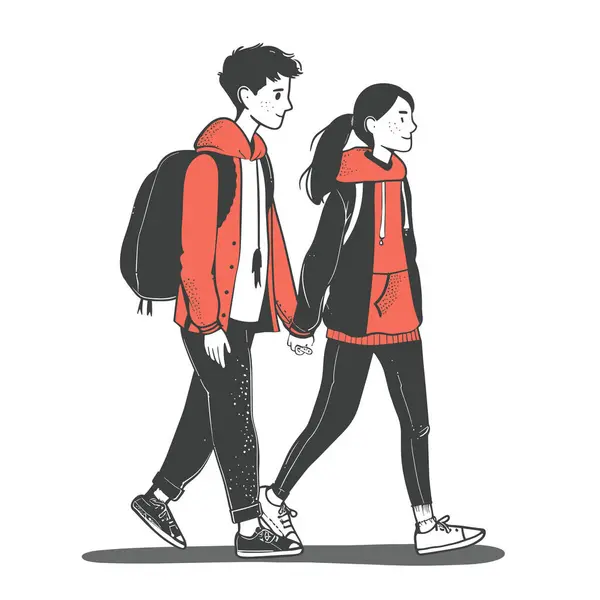 stock vector Young couple walking holding hands, casual clothing, backpacks, joyful expressions, outdoor stroll. Monochrome drawing, teenage boy girl, fashionable, modern youth, handinhand, side view Students