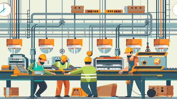 Workers wearing hard hats, safety vests, masks assembling products machines industrial environment. Engineers technicians heavy machinery factory lighting equipment packages. Team manufacturing