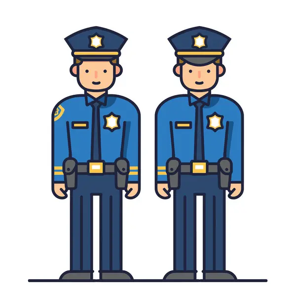 stock vector Two male police officers standing uniform isolated white background cartoon style vector. Law enforcement officers wearing blue uniforms badges, hats, utility belts look friendly professional