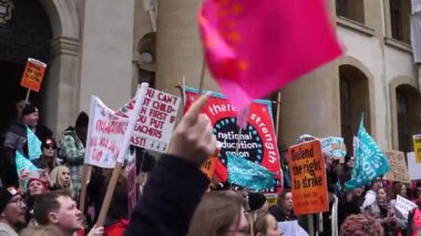 Oxford, UK - 01 Feb 2023, Striking teachers with other public sector workers march across Oxford, speakers give speech. 