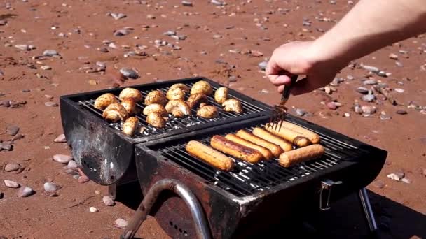 Barbecue Sulla Spiaggia Sabbia Con Gustosi Hamburger Vegani Verdure — Video Stock
