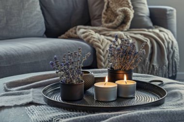 Üzerinde kokulu mumlar ve metal tepside duran kurutulmuş lavanta buketi olan rahat bir sehpa dekoru. Arkadaki kanepenin üzerine örtünmüş yumuşak gri bir battaniye. Ai.